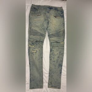 Balmain Men's Jeans in Washed Blue with Faded Yellow Accents